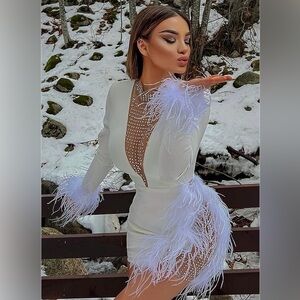 Fashion Nova White Feather Long Sleeve Dress